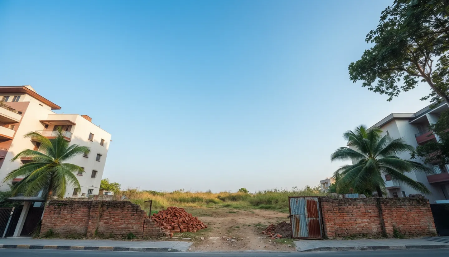 The plot today: empty land behind an old brick wall